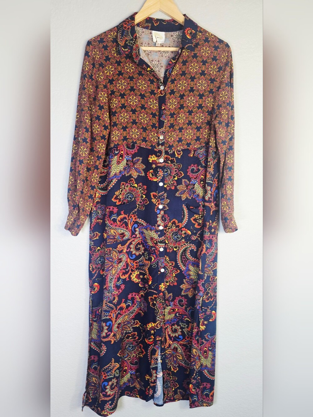 Fig & Flower L Maxi Shirt Dress Paisley Boho Button Front Rayon